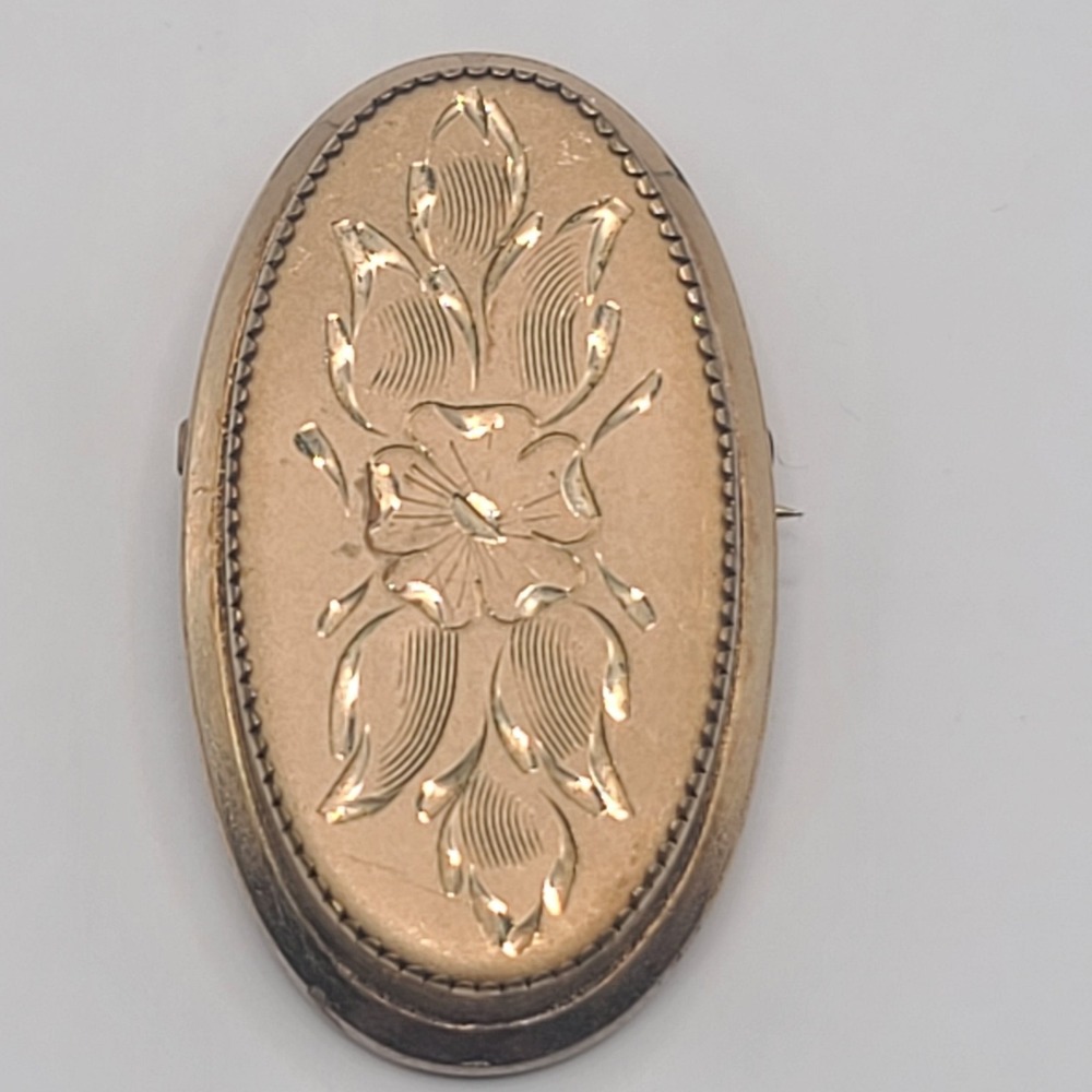 Catamore Brooch Pendant 1/20 12K Gold Filled Etched Floral Design Oval Vintage